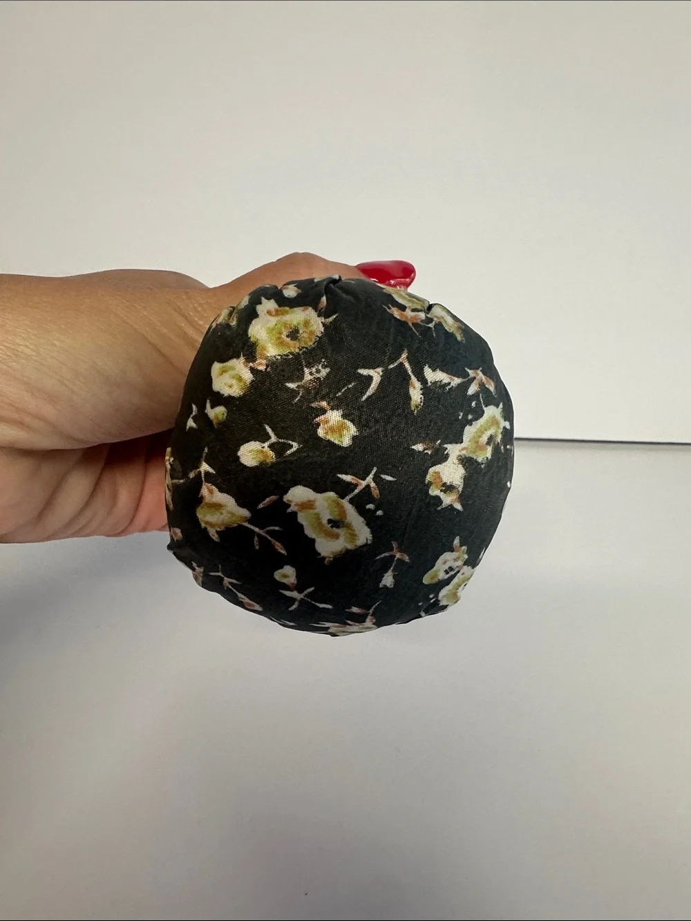 Handmade Clown Doll in Black Floral Fabric with Red Bow